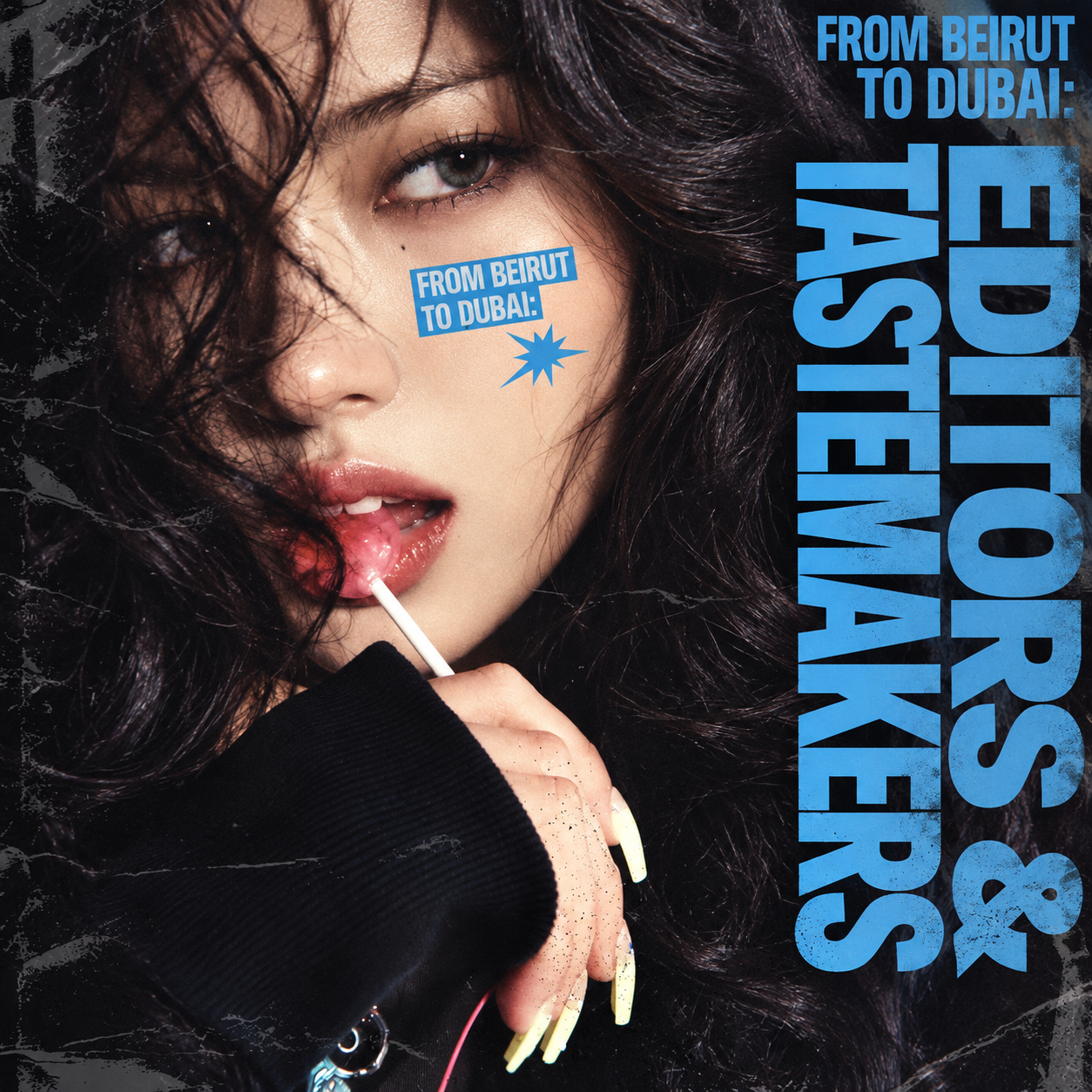 Editors and tastemakers cover featuring a musician with a lollipop and bright blue type.