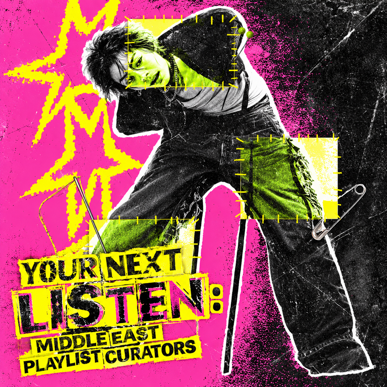 Middle East playlist curators cover with a performer and neon pink-yellow artwork.