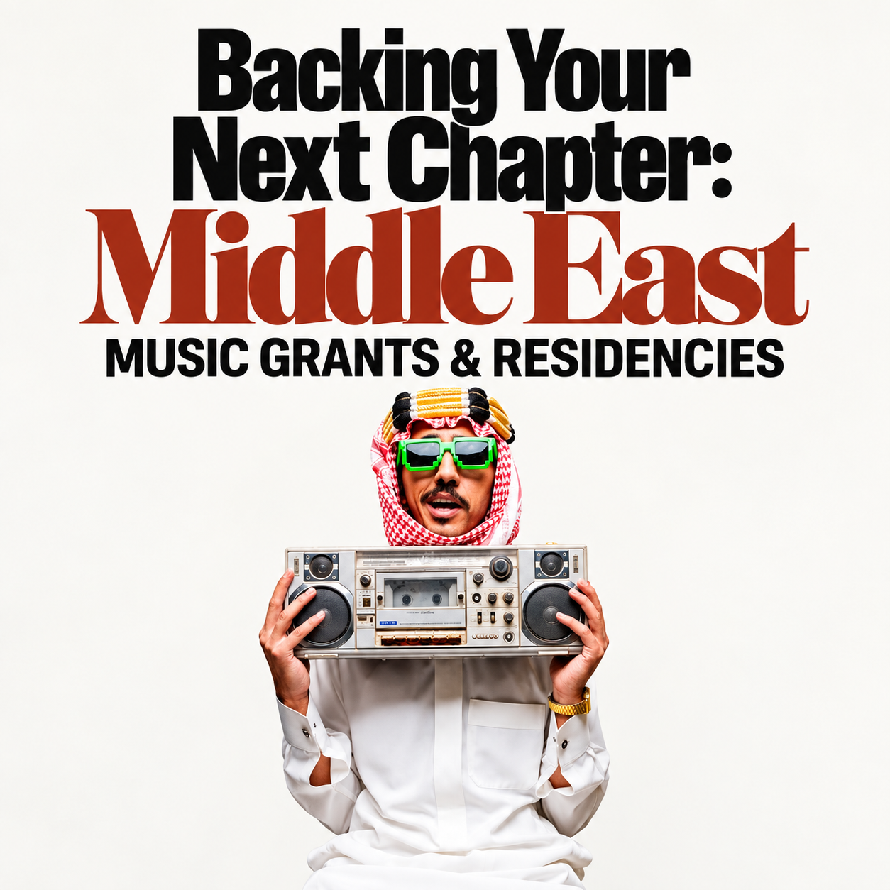 Middle East grants and residencies cover with a musician holding a vintage boombox.