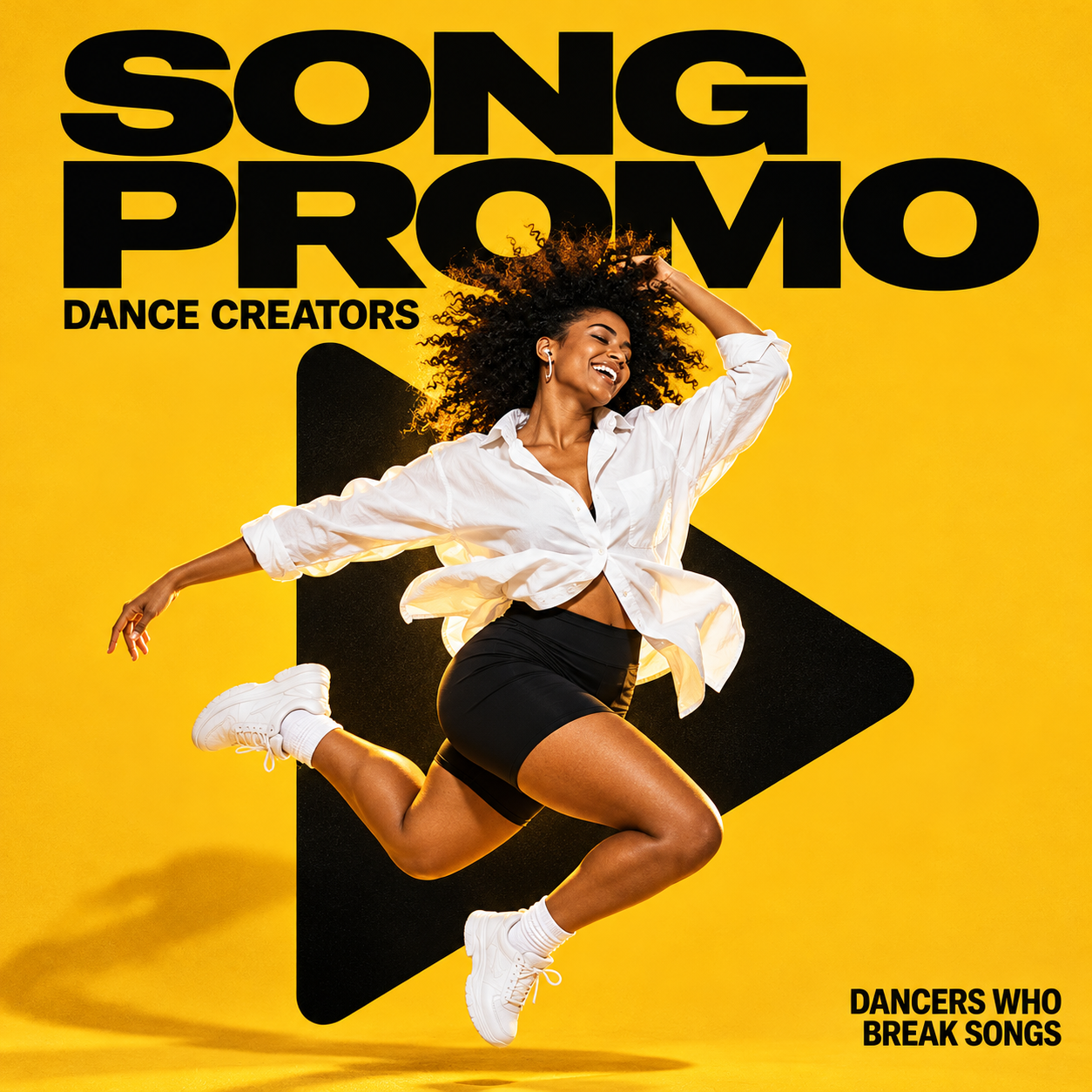 Dancer jumping in front of a yellow backdrop with a black play button, titled Song Promo Dance Creators