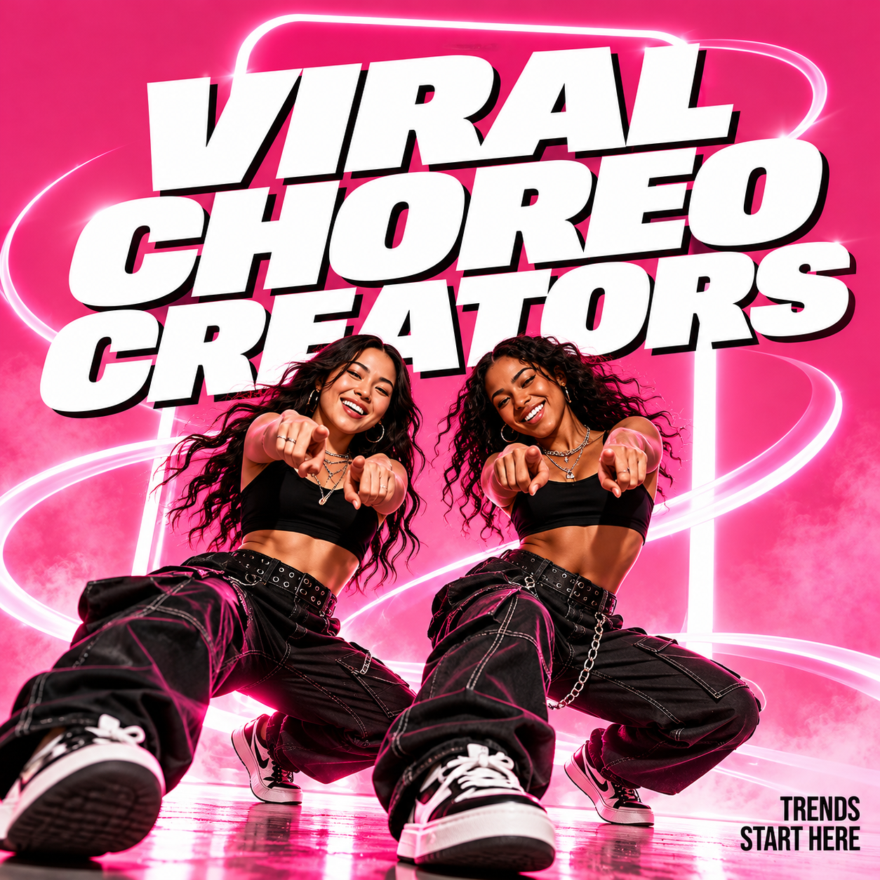 Two dancers pointing at the camera on a pink neon set, titled Viral Choreo Creators