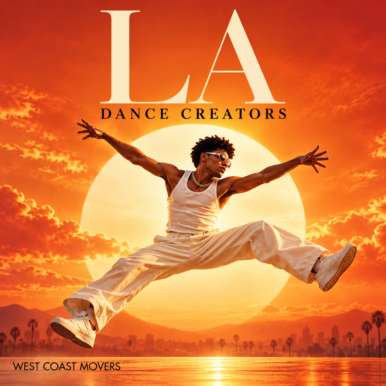 Dancer leaping in front of a setting sun over Los Angeles, titled LA Dance Creators