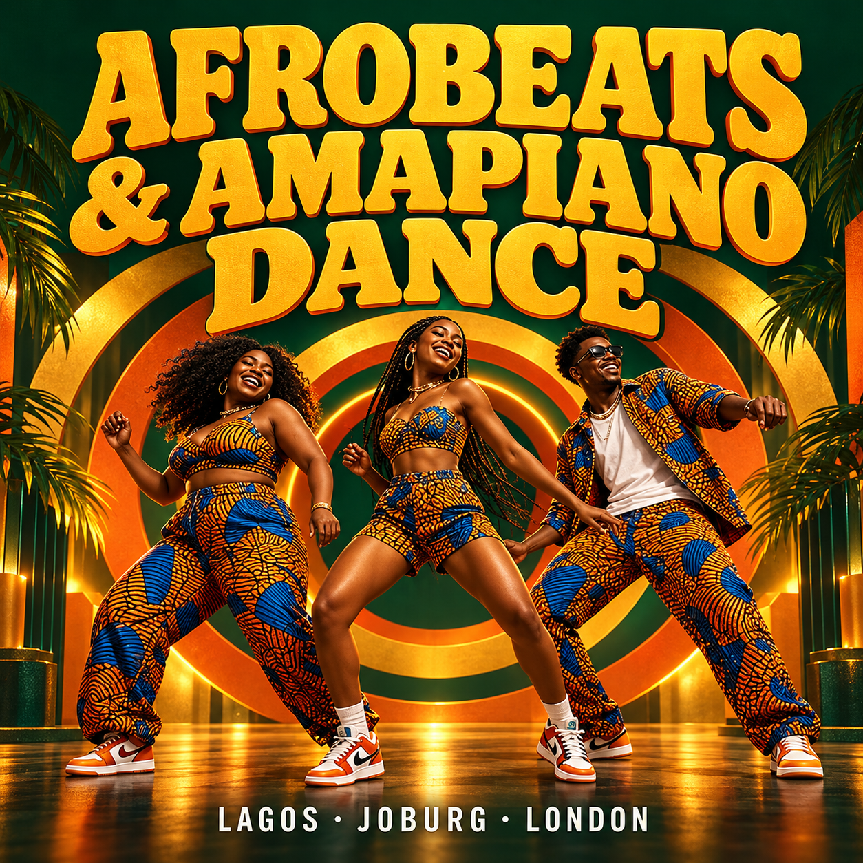 Three dancers in matching print outfits, titled Afrobeats & Amapiano Dance
