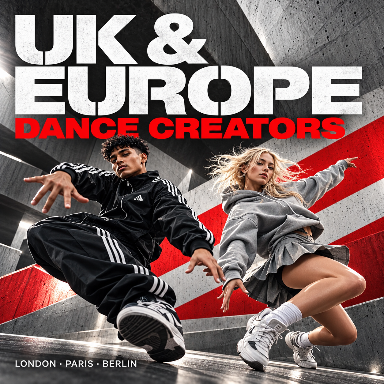 Two dancers posing in a concrete space with red stripes, titled UK & Europe Dance Creators