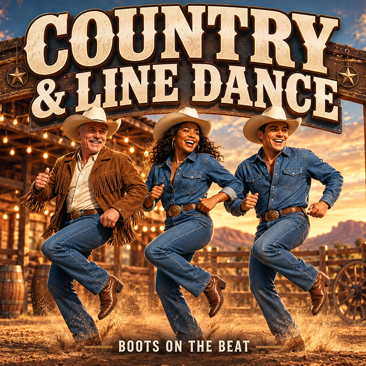 Three line dancers in denim and cowboy hats, titled Country & Line Dance