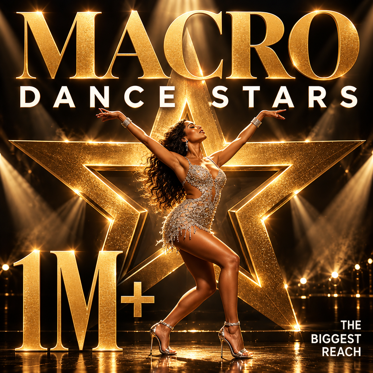 Dancer posing in front of a gold star, titled Macro Dance Stars 1M+