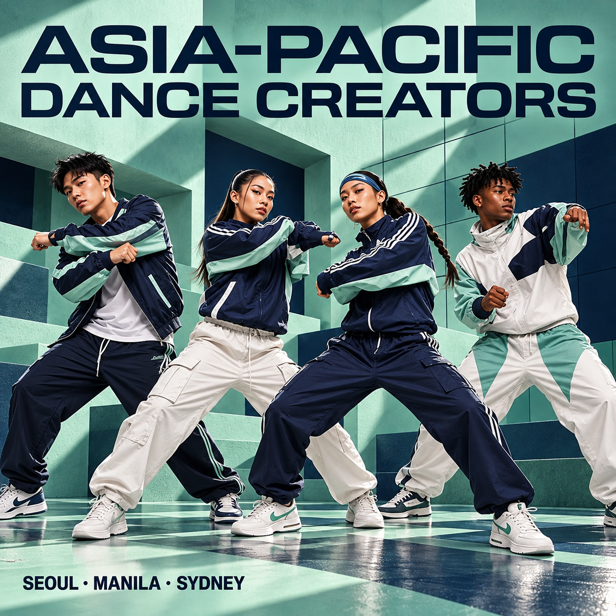 Four dancers in tracksuits on a teal set, titled Asia-Pacific Dance Creators