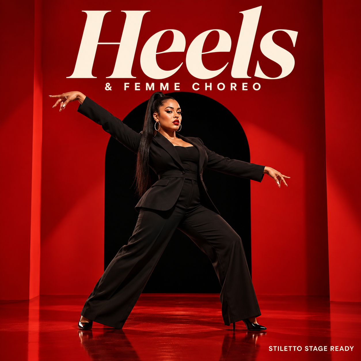 Dancer in a black suit and heels posing on a red stage, titled Heels & Femme Choreo