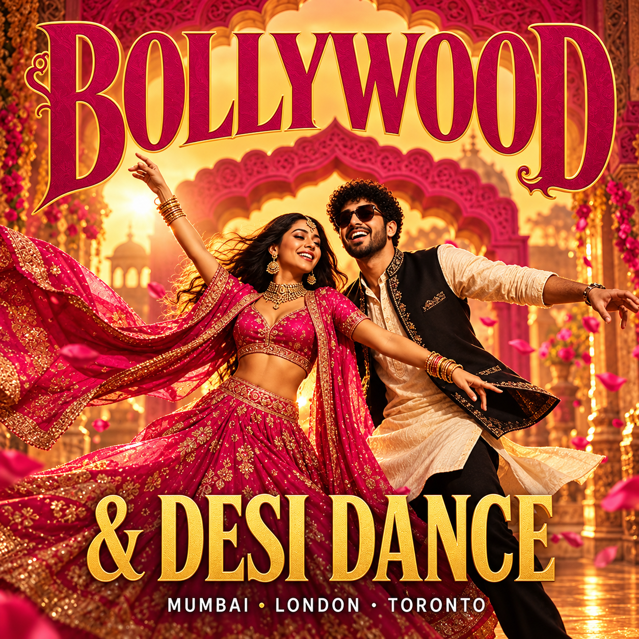 Dance couple in traditional dress in a palace hall, titled Bollywood & Desi Dance